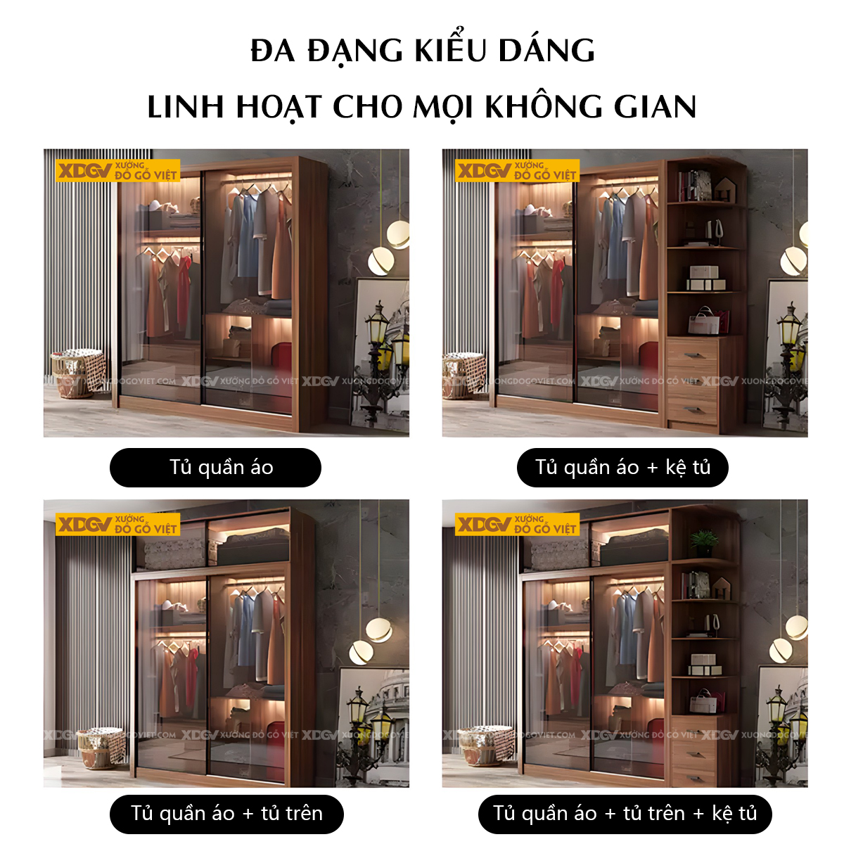 Tủ Quần Áo Gỗ MDF Hiện Đại 2 Cánh Kính Lùa Khung Nhôm Đen