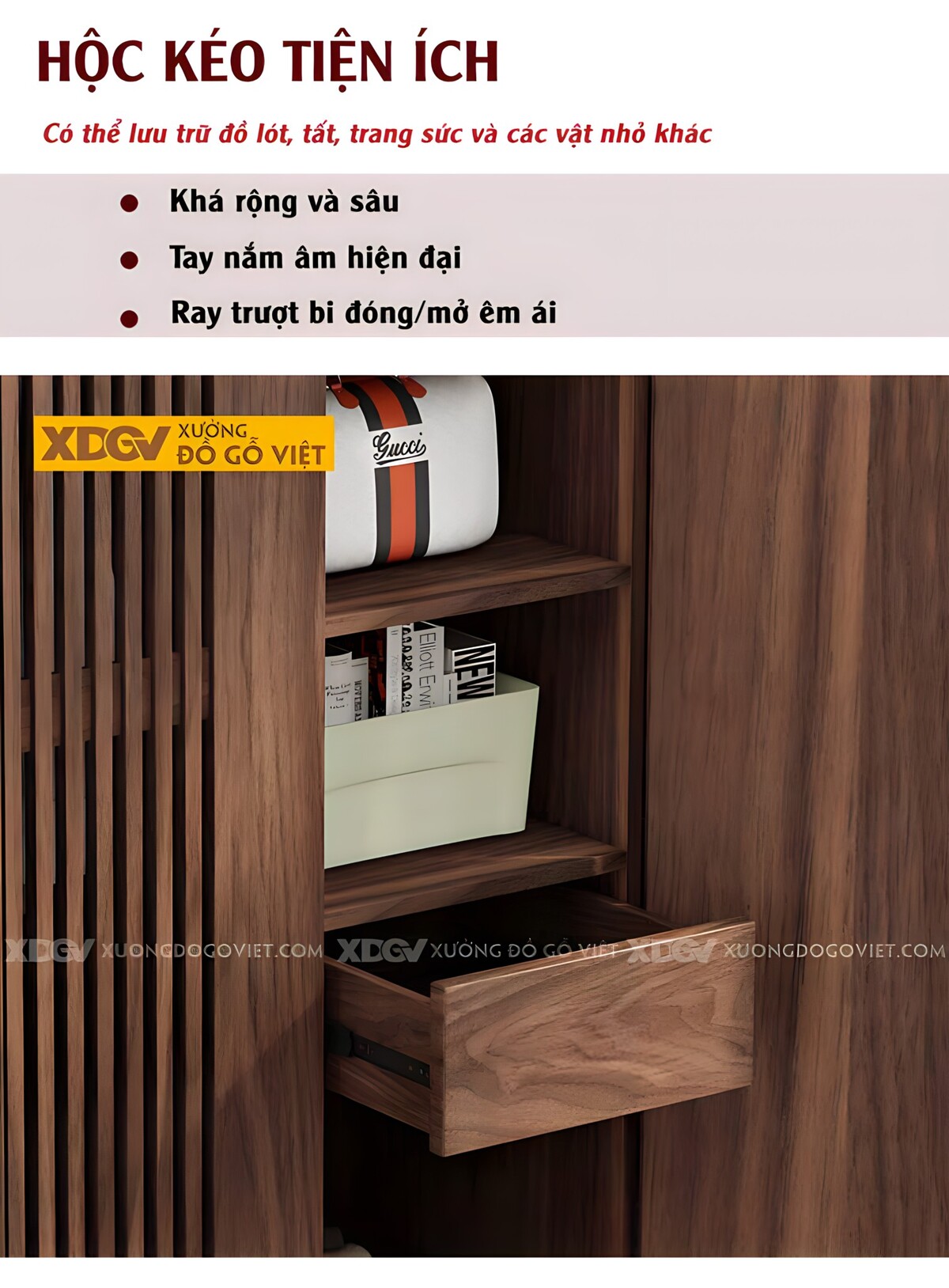 Tủ Quần Áo Gỗ Óc Chó 5 Cánh Có Thanh Nan Tay Nắm Nổi Dài