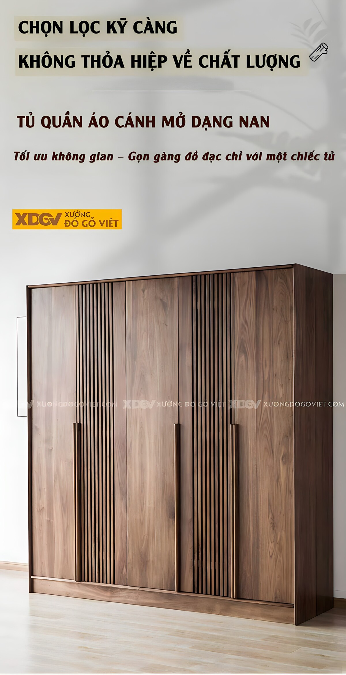 Tủ Quần Áo Gỗ Óc Chó 5 Cánh Có Thanh Nan Tay Nắm Nổi Dài