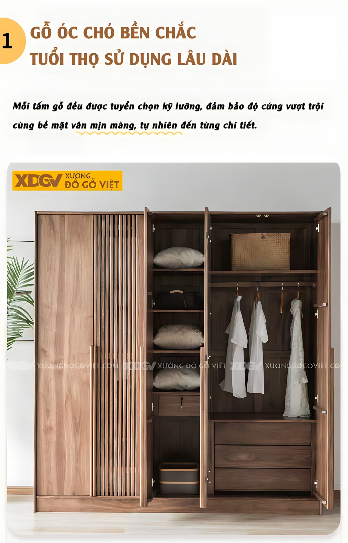 Tủ Quần Áo Gỗ Óc Chó 5 Cánh Có Thanh Nan Tay Nắm Nổi Dài