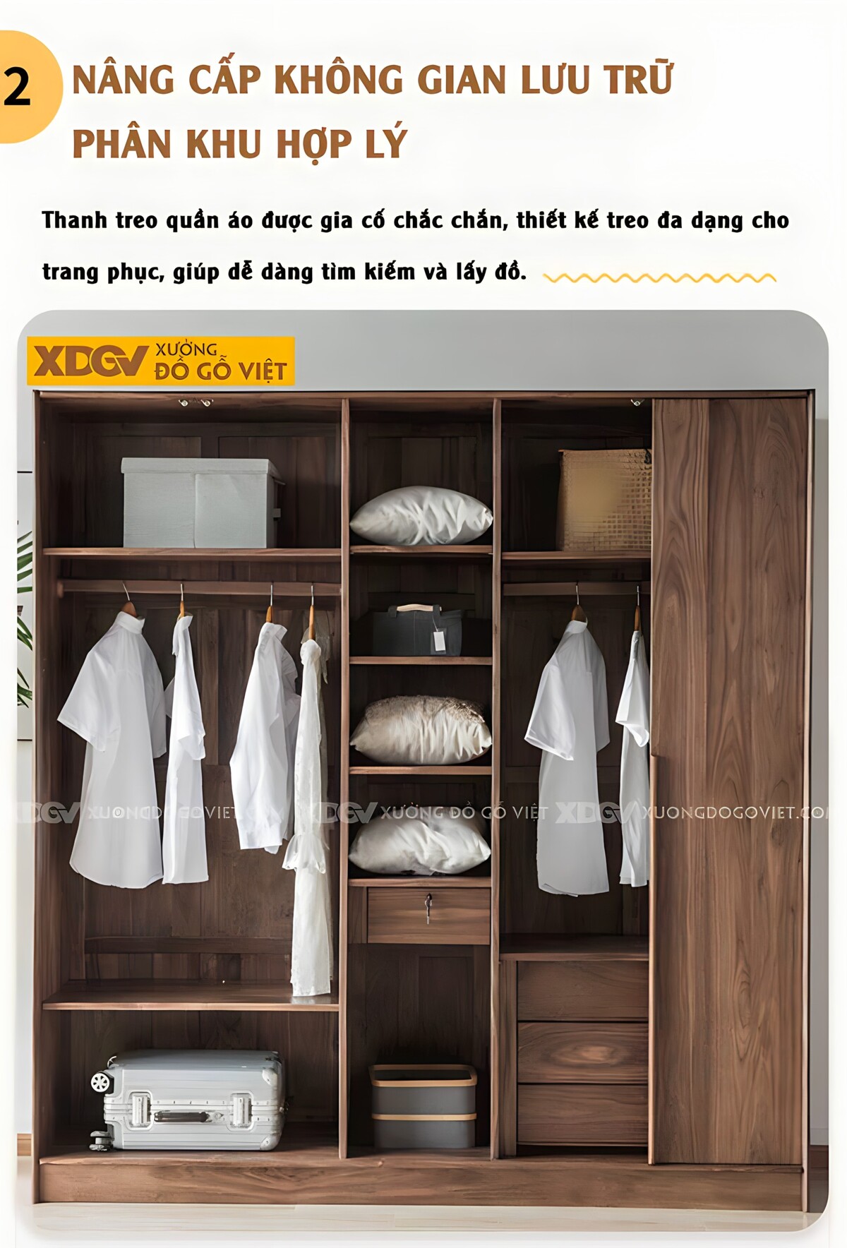 Tủ Quần Áo Gỗ Óc Chó 5 Cánh Có Thanh Nan Tay Nắm Nổi Dài