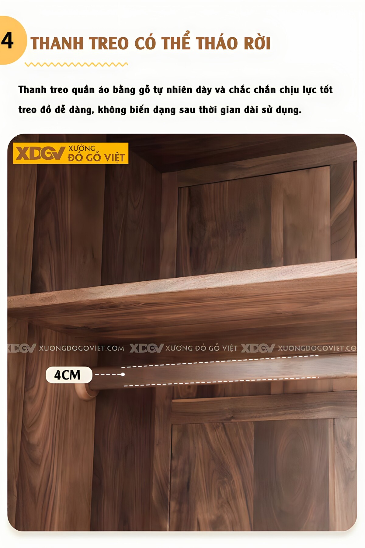 Tủ Quần Áo Gỗ Óc Chó 5 Cánh Có Thanh Nan Tay Nắm Nổi Dài