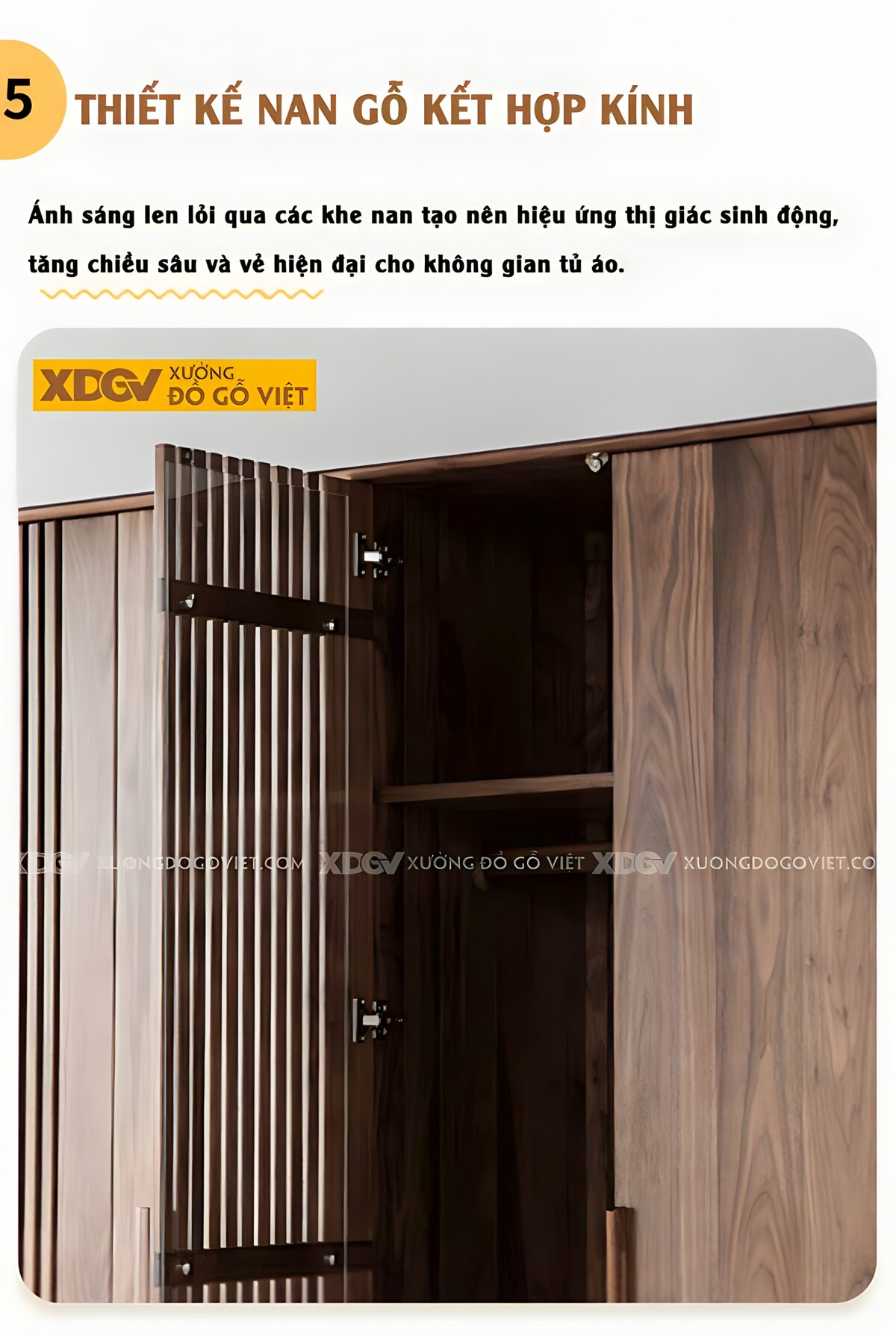 Tủ Quần Áo Gỗ Óc Chó 5 Cánh Có Thanh Nan Tay Nắm Nổi Dài