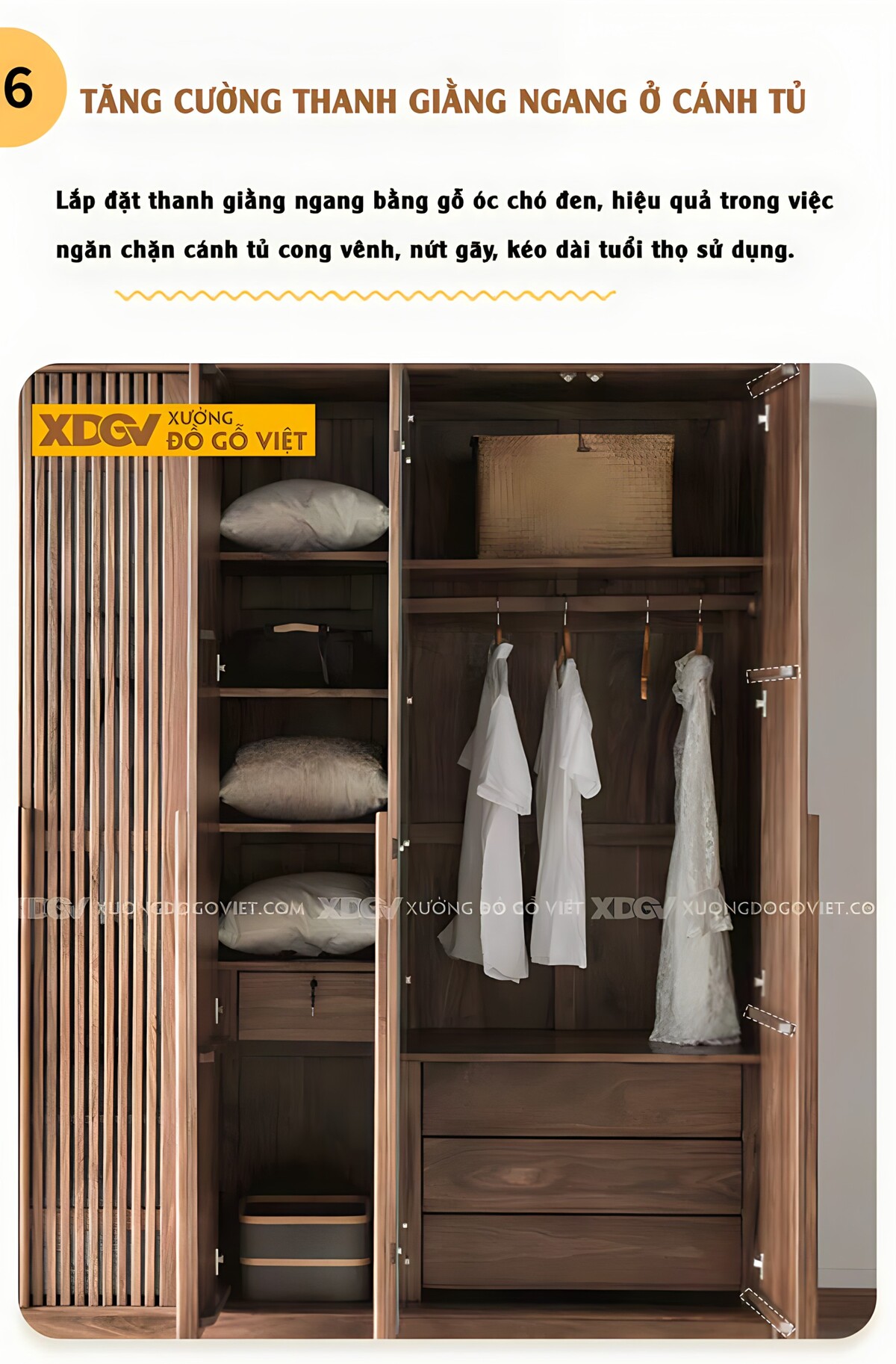 Tủ Quần Áo Gỗ Óc Chó 5 Cánh Có Thanh Nan Tay Nắm Nổi Dài