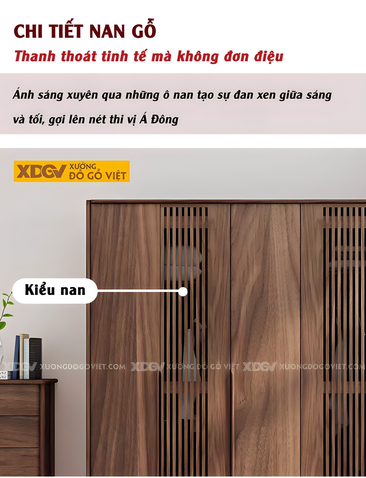 Tủ Quần Áo Gỗ Óc Chó 5 Cánh Có Thanh Nan Tay Nắm Nổi Dài