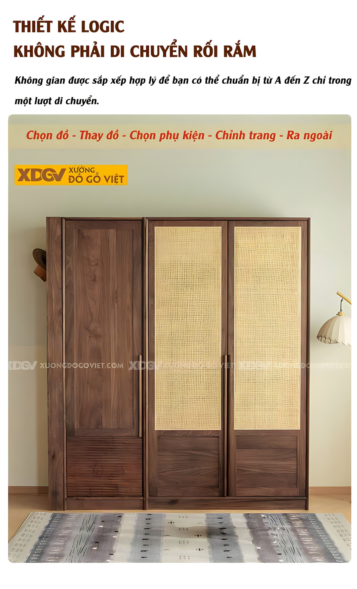 Tủ Quần Áo Gỗ Óc Chó Hiện Đại Mặt Cánh Mây Tre Đan Á Đông
