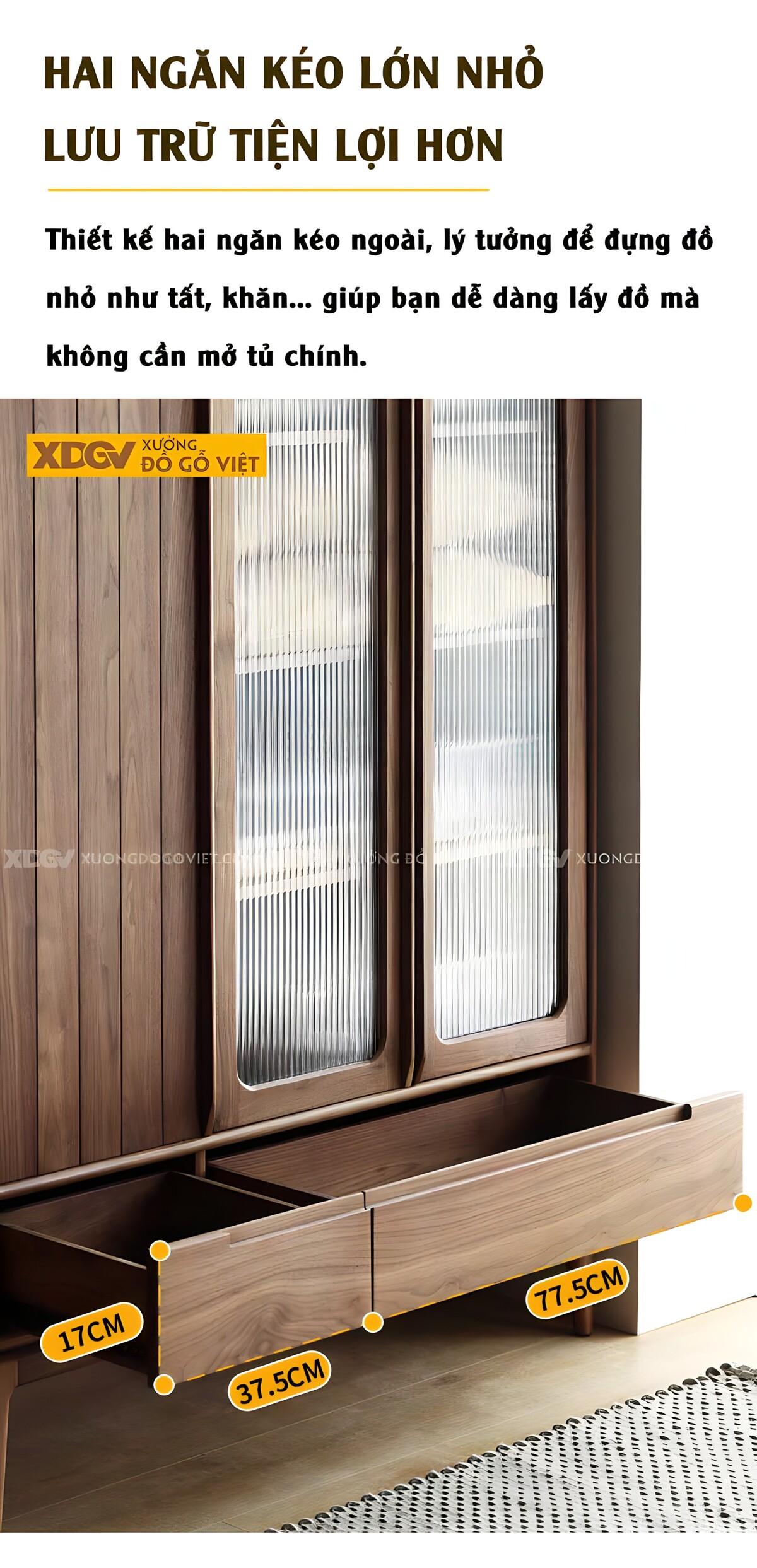 Tủ Quần Áo Gỗ Óc Chó Kính Gân Mờ Bo Góc Tay Nắm Nổi Dài