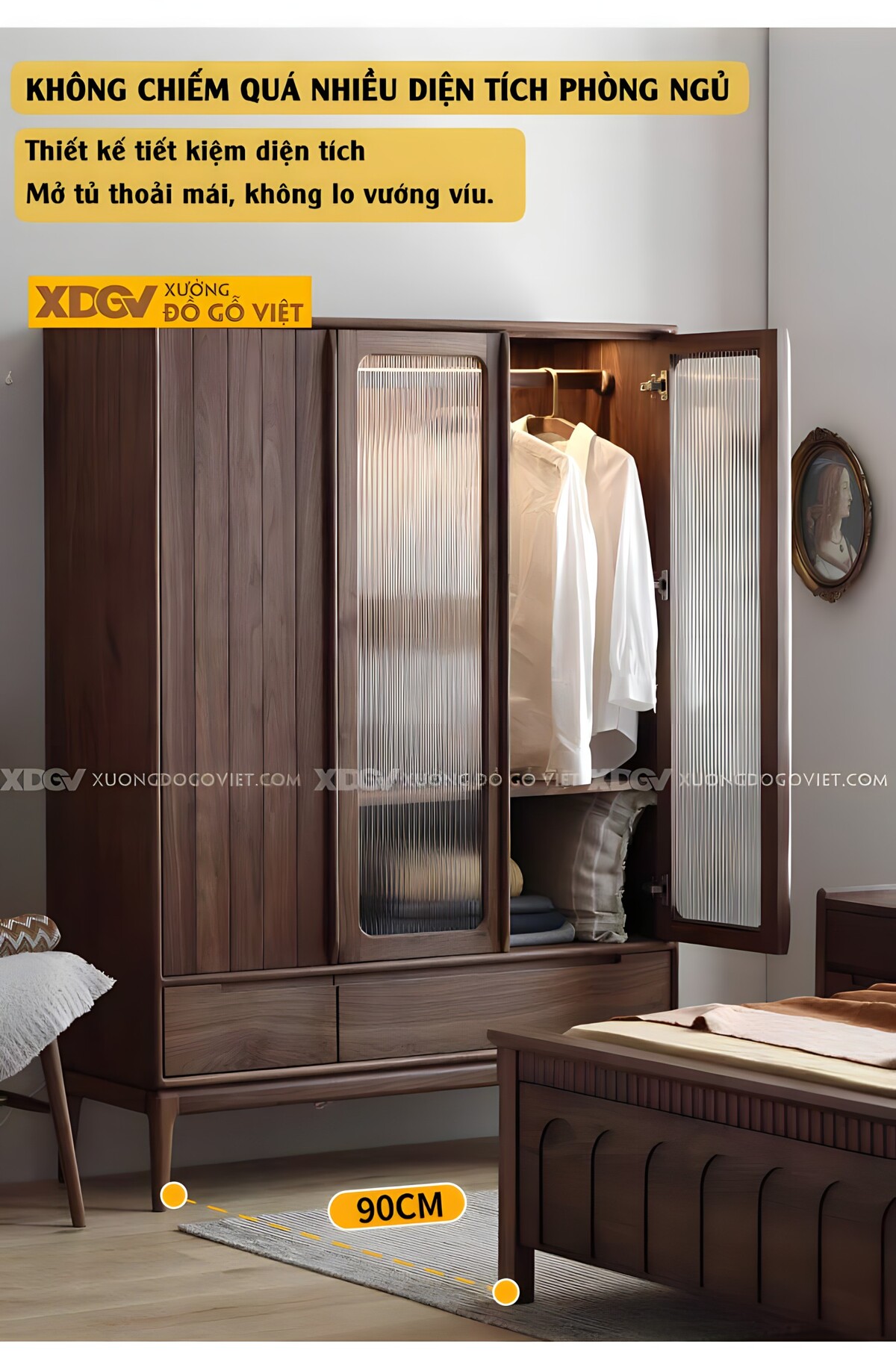 Tủ Quần Áo Gỗ Óc Chó Kính Gân Mờ Bo Góc Tay Nắm Nổi Dài