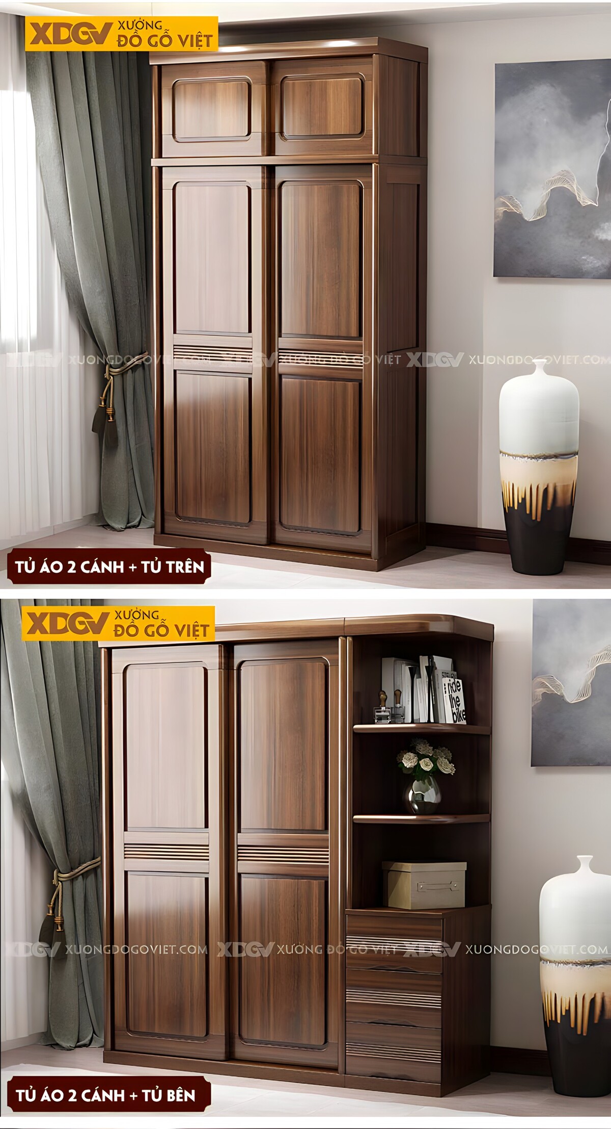 Tủ Quần Áo Gỗ Óc Chó Tự Nhiên Cửa Lùa Khung Pano Bo Góc Đẹp