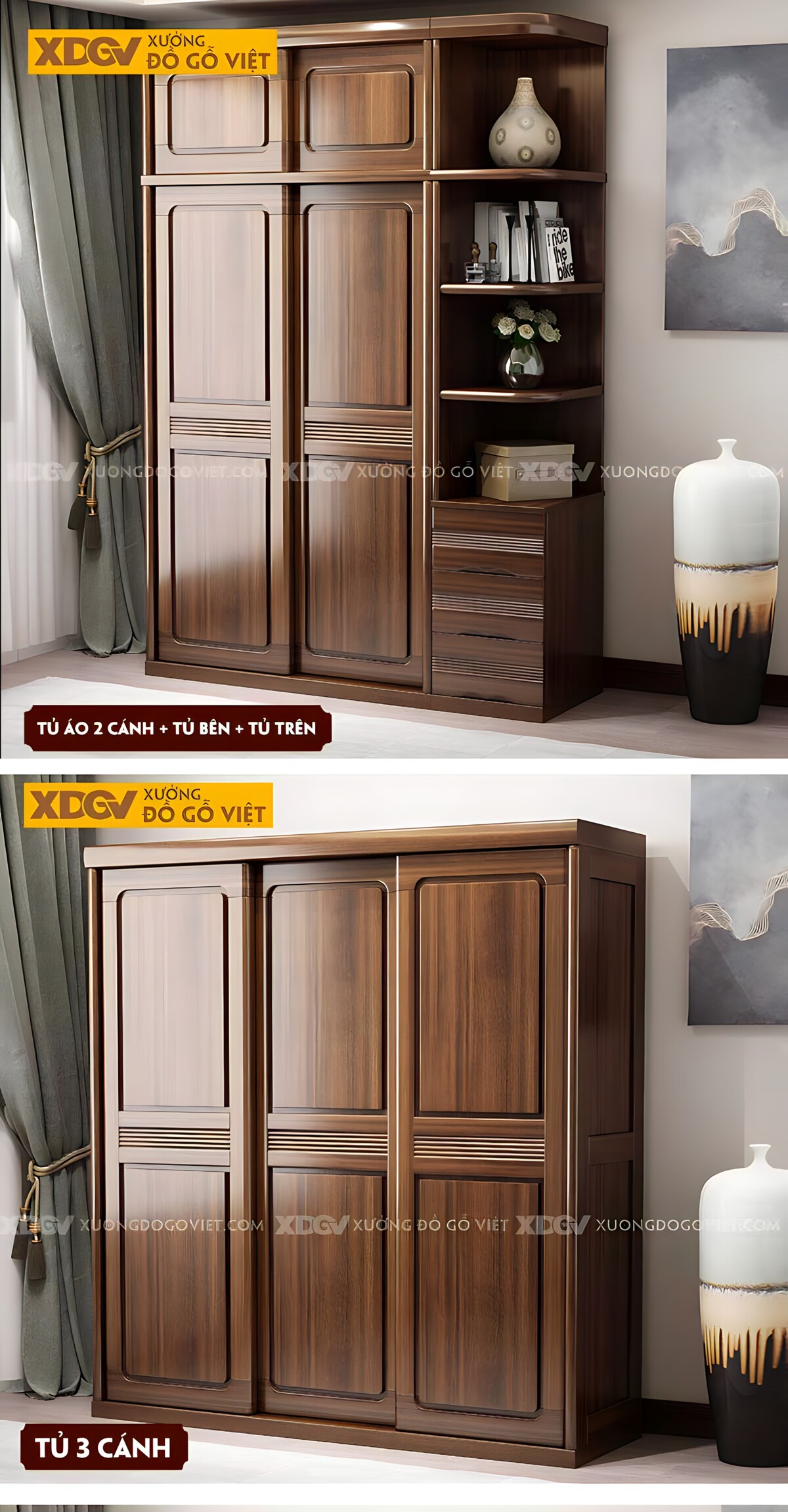 Tủ Quần Áo Gỗ Óc Chó Tự Nhiên Cửa Lùa Khung Pano Bo Góc Đẹp