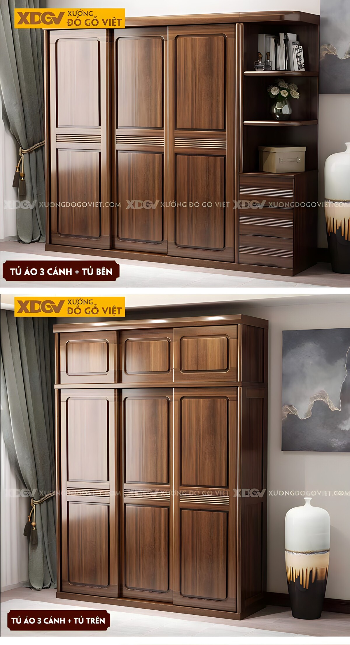 Tủ Quần Áo Gỗ Óc Chó Tự Nhiên Cửa Lùa Khung Pano Bo Góc Đẹp