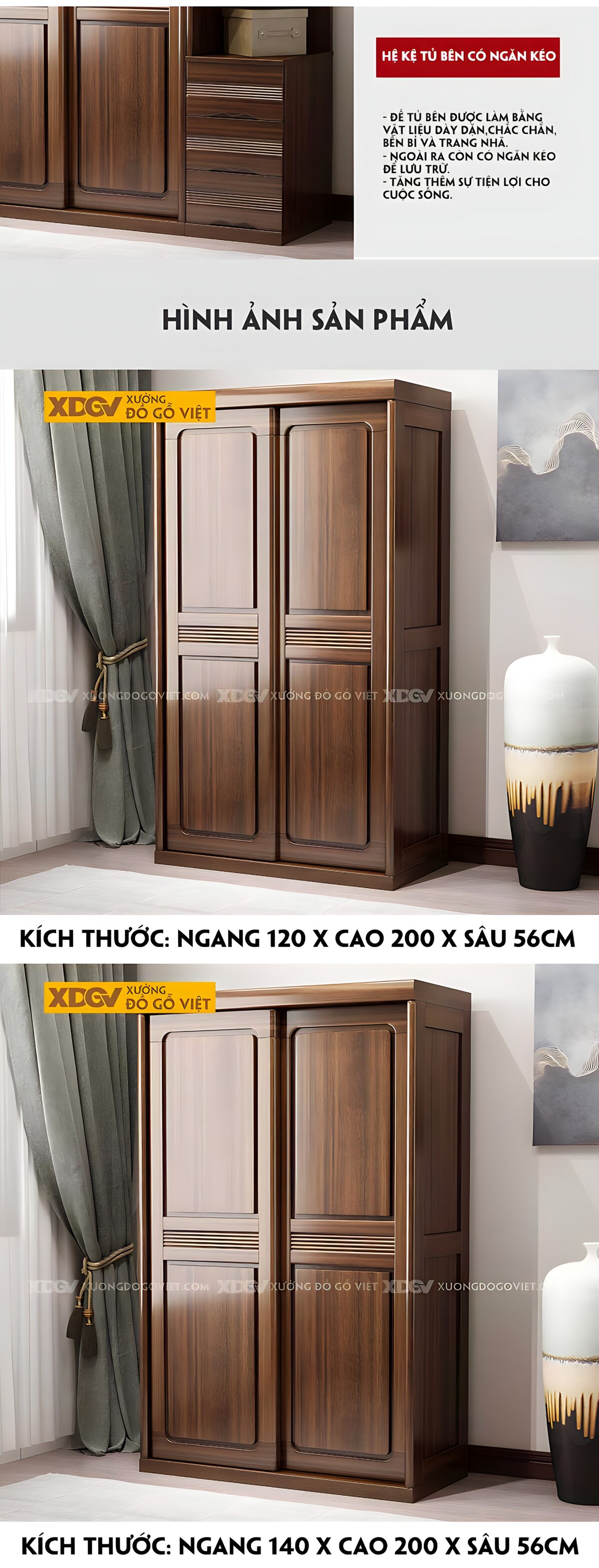 Tủ Quần Áo Gỗ Óc Chó Tự Nhiên Cửa Lùa Khung Pano Bo Góc Đẹp