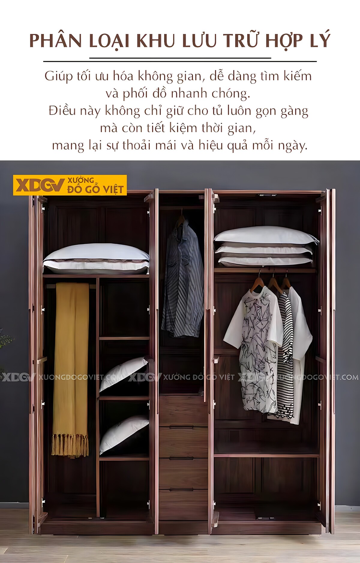 Tủ Quần Áo Gỗ Sồi Dạng Hộp Màu Óc Chó Hiện Đại Bo Góc Đẹp