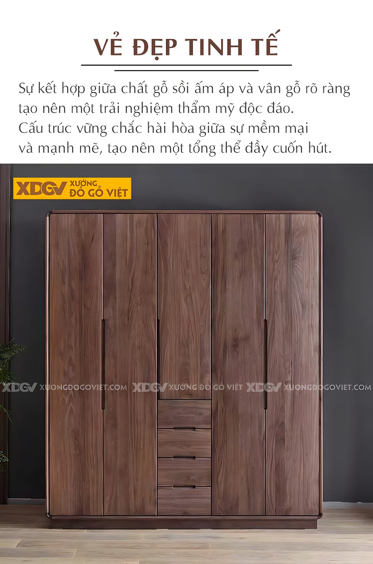 Tủ Quần Áo Gỗ Sồi Dạng Hộp Màu Óc Chó Hiện Đại Bo Góc Đẹp