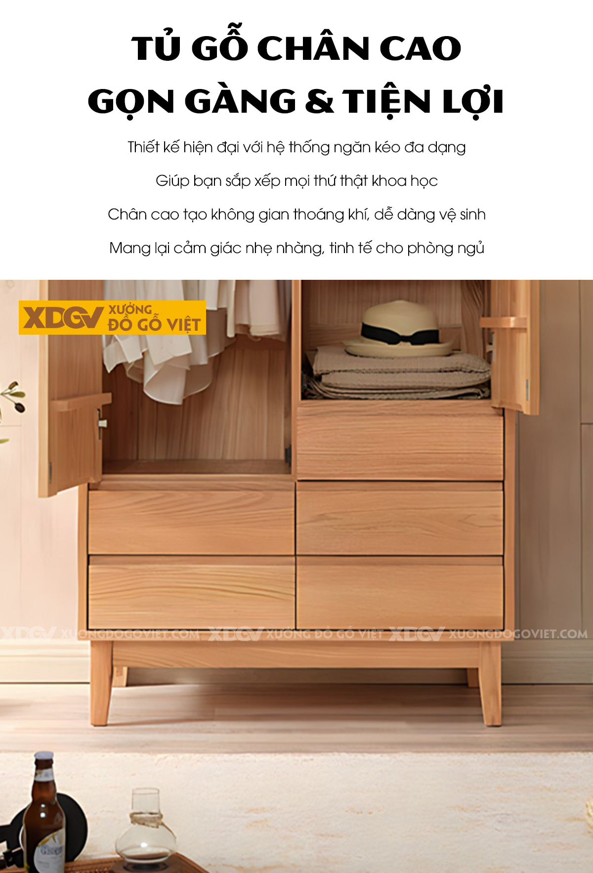 Tủ Quần Áo Gỗ Sồi Hiện Đại Tối Giản Chân Cao Cửa Nan Chớp