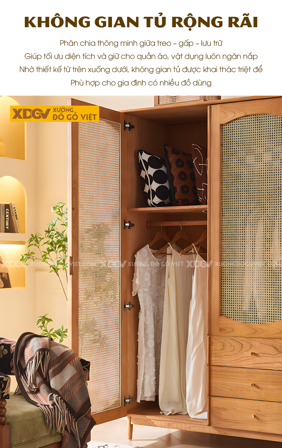 Tủ Quần Áo Gỗ Sồi Mỹ Chân Cao 2 Cánh Lưới Đan Mây 3 Ngăn Kéo