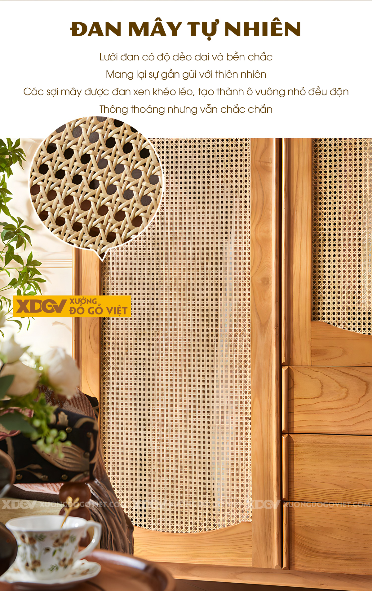 Tủ Quần Áo Gỗ Sồi Mỹ Chân Cao 2 Cánh Lưới Đan Mây 3 Ngăn Kéo