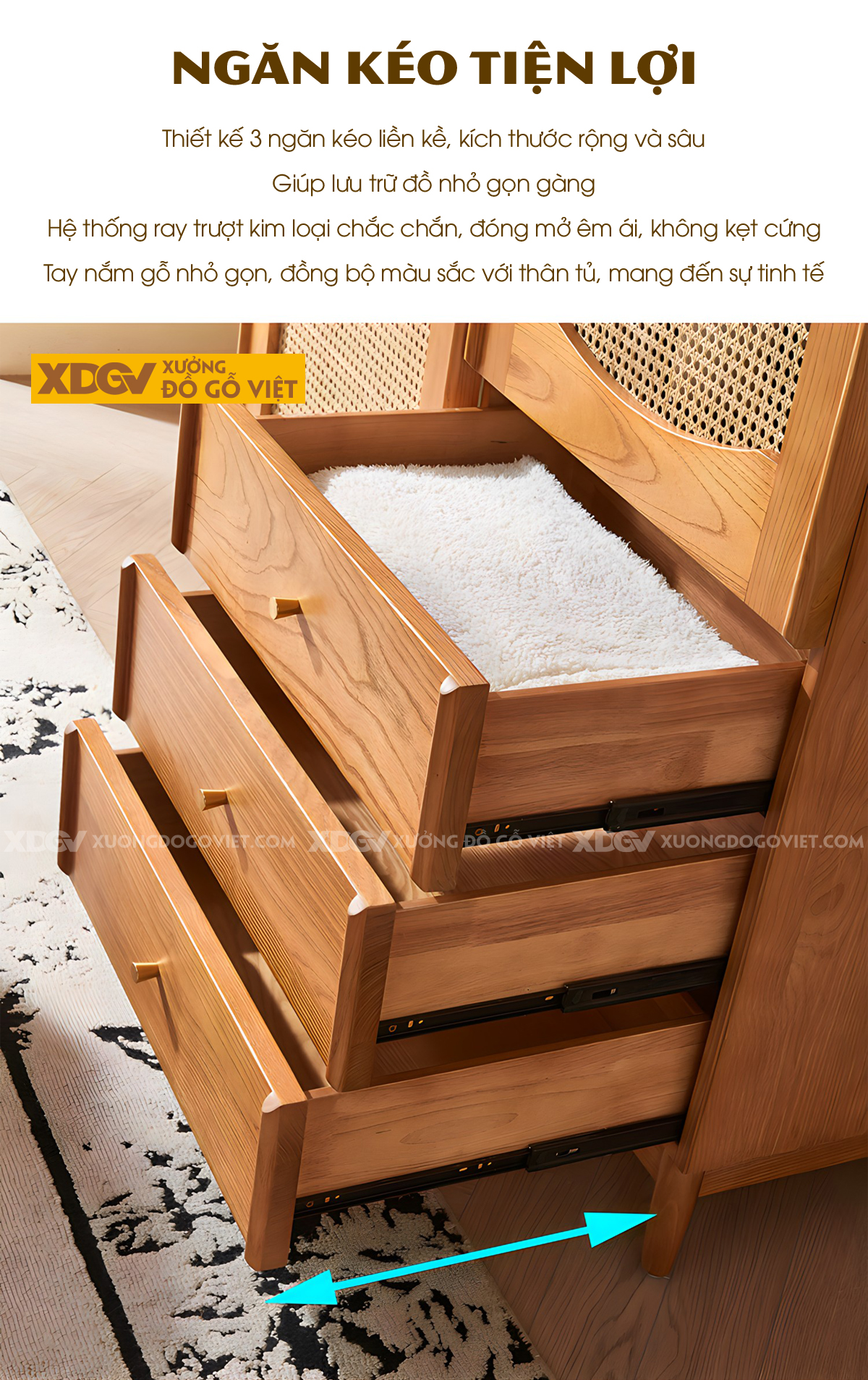 Tủ Quần Áo Gỗ Sồi Mỹ Chân Cao 2 Cánh Lưới Đan Mây 3 Ngăn Kéo