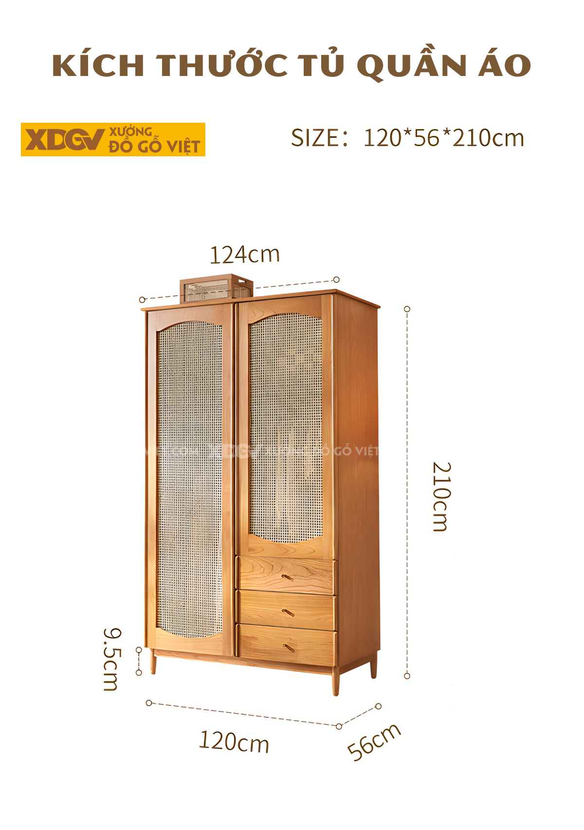 Tủ Quần Áo Gỗ Sồi Mỹ Chân Cao 2 Cánh Lưới Đan Mây 3 Ngăn Kéo