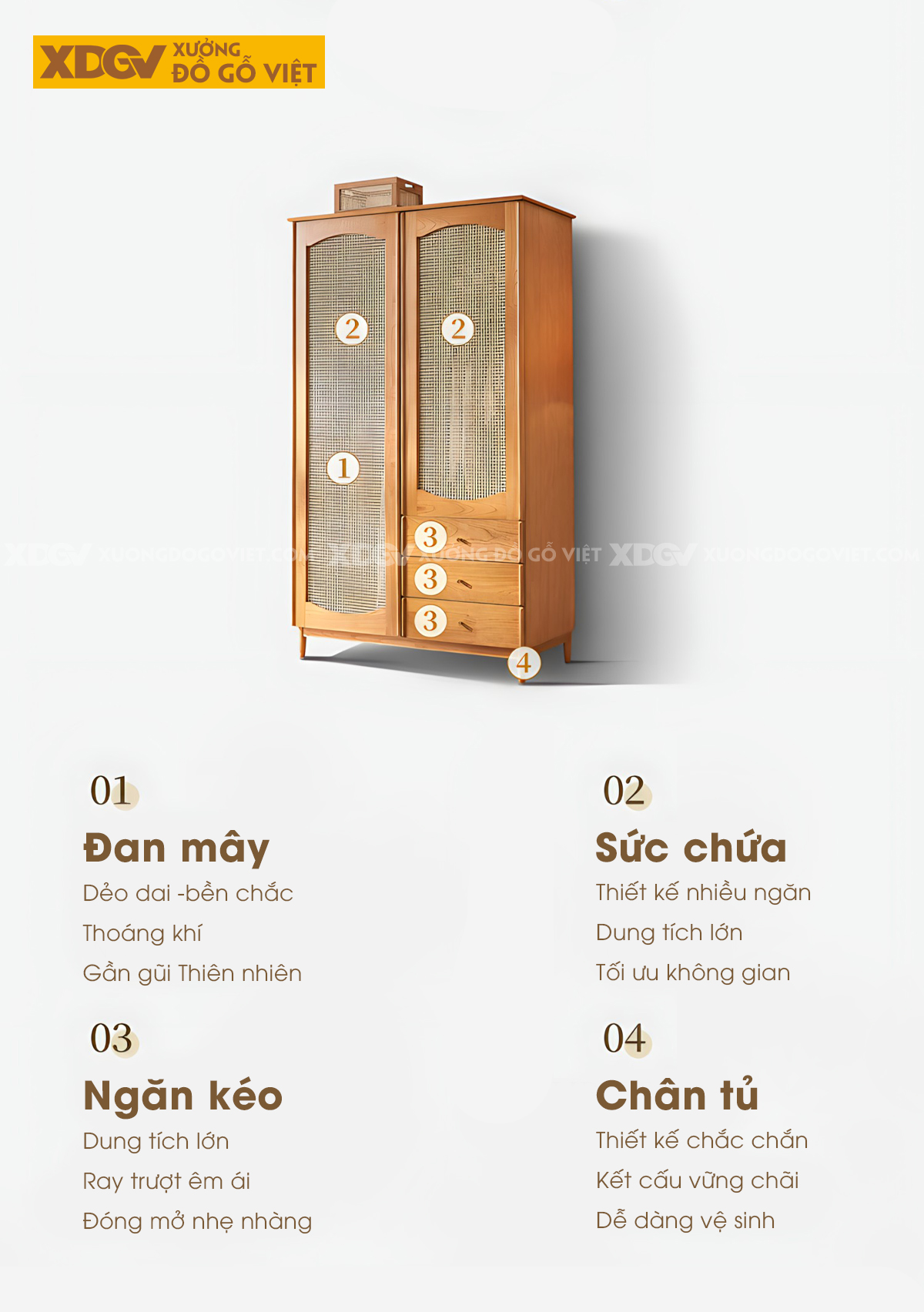 Tủ Quần Áo Gỗ Sồi Mỹ Chân Cao 2 Cánh Lưới Đan Mây 3 Ngăn Kéo