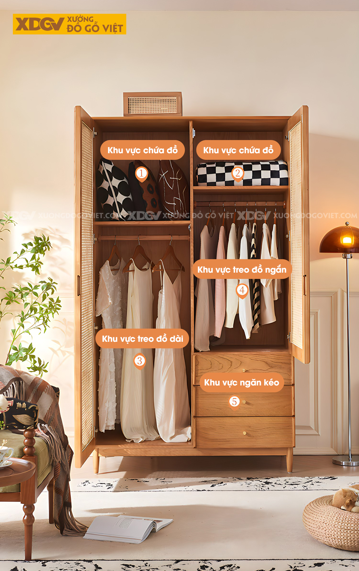 Tủ Quần Áo Gỗ Sồi Mỹ Chân Cao 2 Cánh Lưới Đan Mây 3 Ngăn Kéo