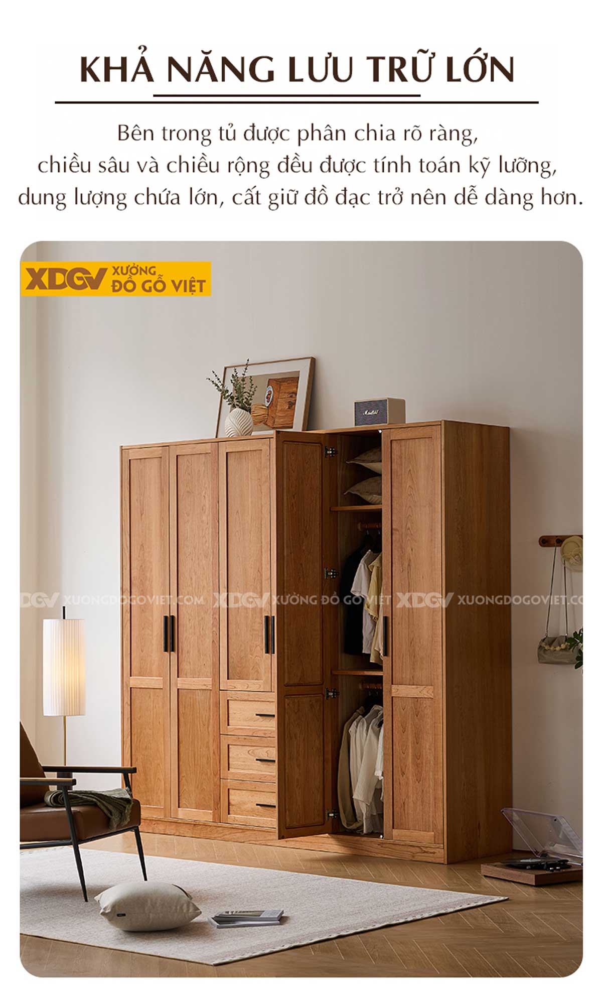 Tủ Quần Áo Gỗ Sồi Mỹ Japandi Khung Pano 6 Cánh Tay Nắm Đen