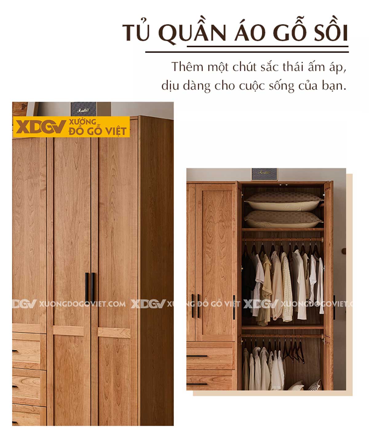 Tủ Quần Áo Gỗ Sồi Mỹ Japandi Khung Pano 6 Cánh Tay Nắm Đen