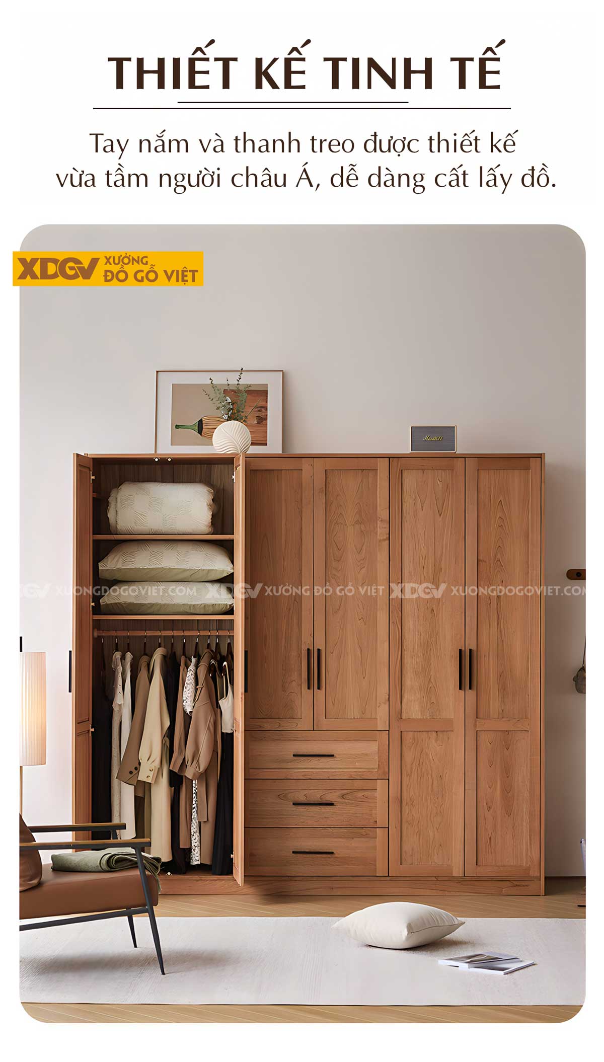 Tủ Quần Áo Gỗ Sồi Mỹ Japandi Khung Pano 6 Cánh Tay Nắm Đen