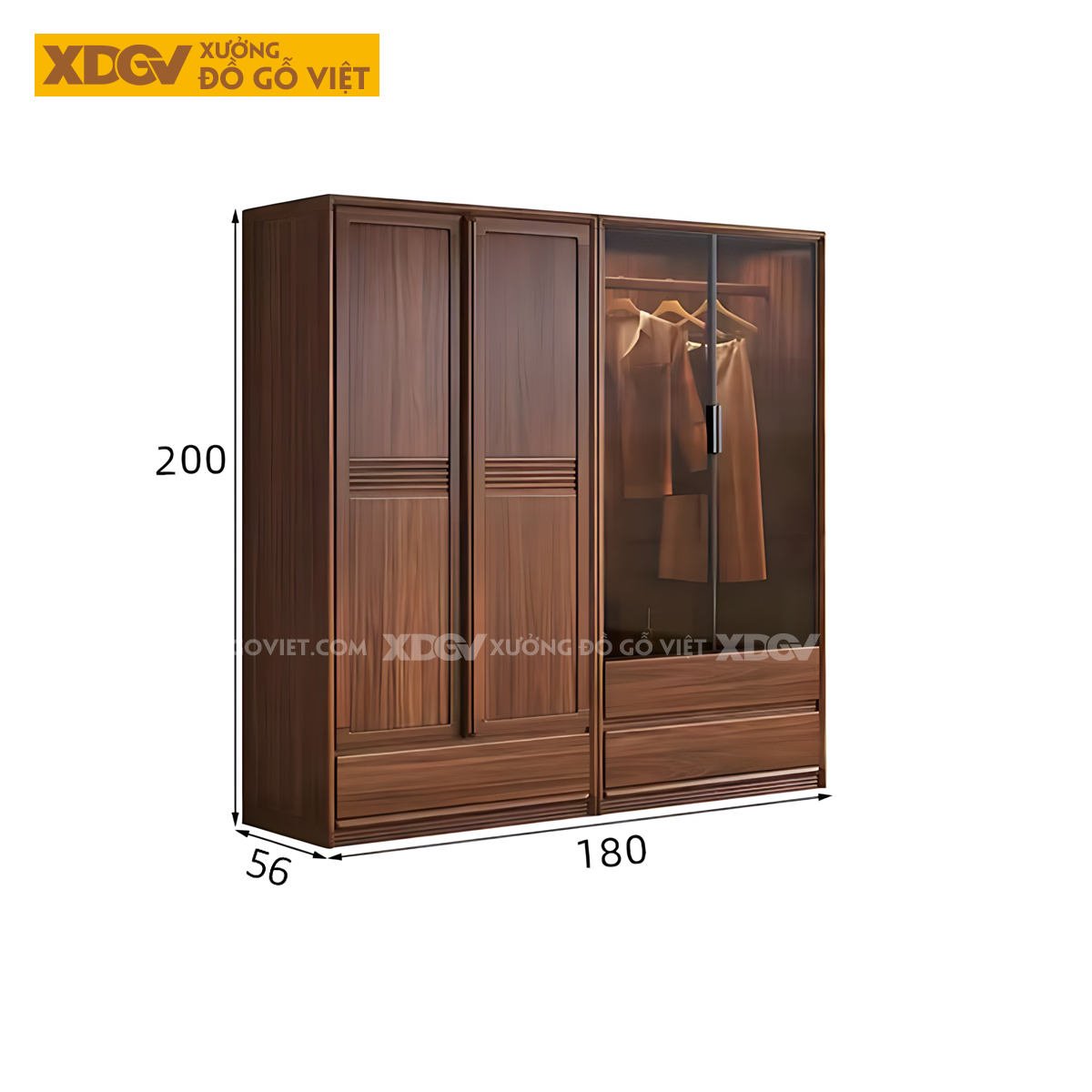 Tủ Quần Áo Gỗ Sồi Thịt Khung Pano Kẻ Rãnh Có Cánh Kính Trong