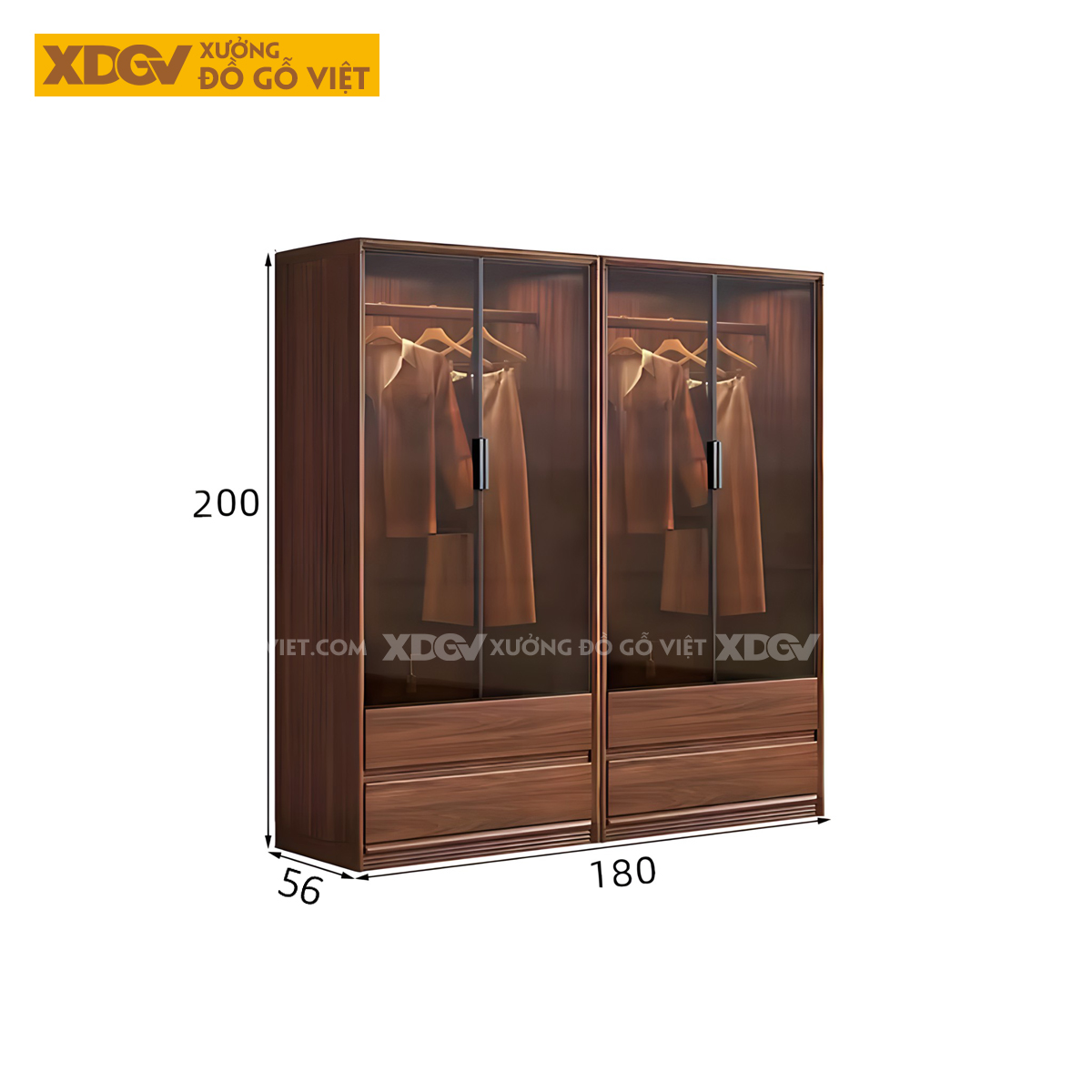 Tủ Quần Áo Gỗ Sồi Thịt Khung Pano Kẻ Rãnh Có Cánh Kính Trong