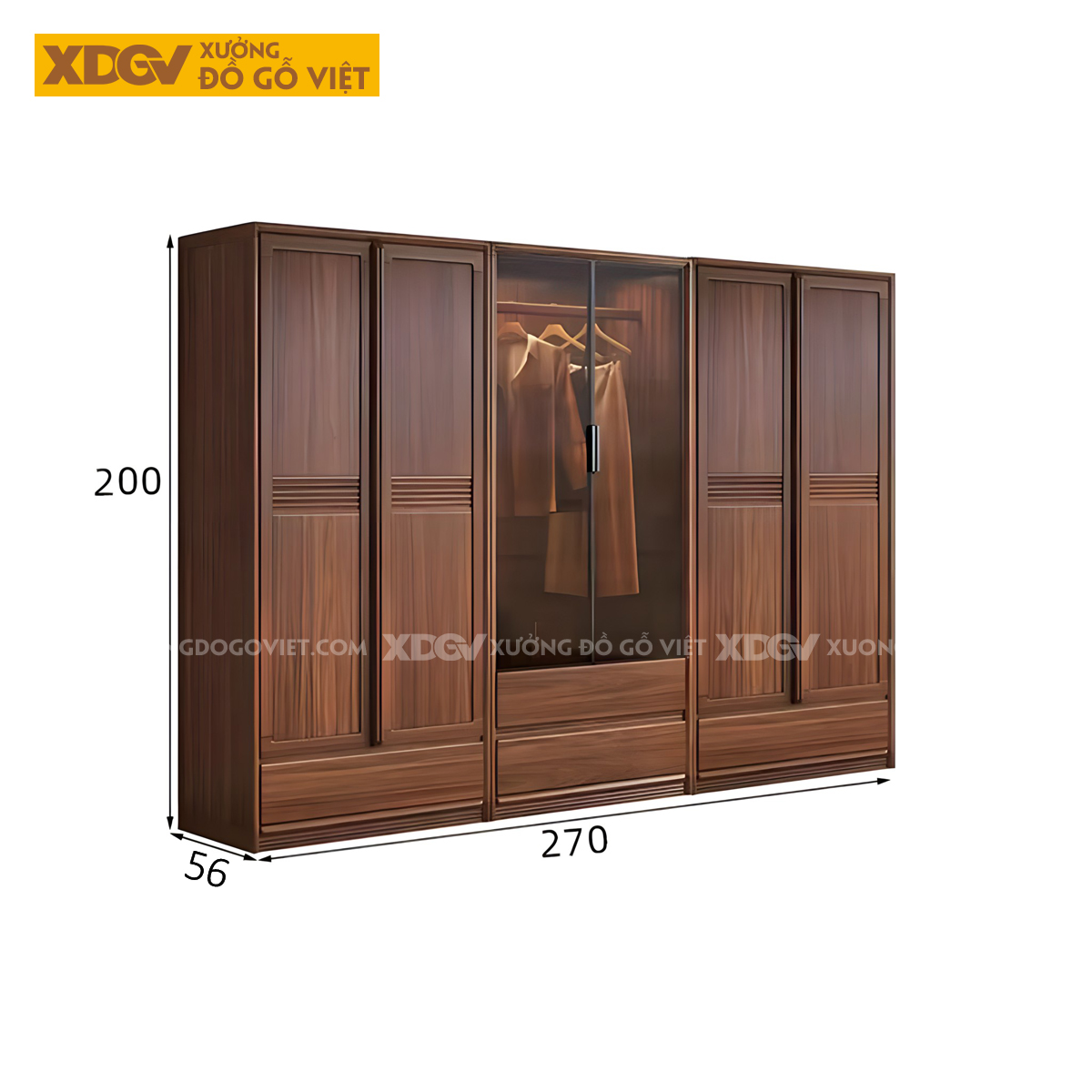 Tủ Quần Áo Gỗ Sồi Thịt Khung Pano Kẻ Rãnh Có Cánh Kính Trong