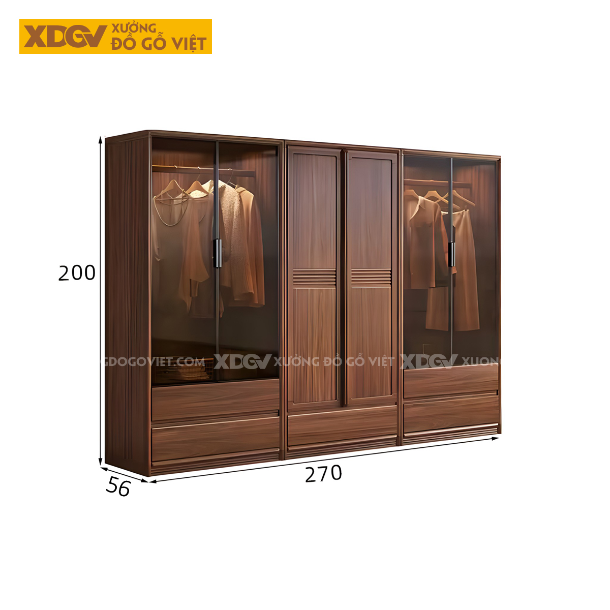 Tủ Quần Áo Gỗ Sồi Thịt Khung Pano Kẻ Rãnh Có Cánh Kính Trong