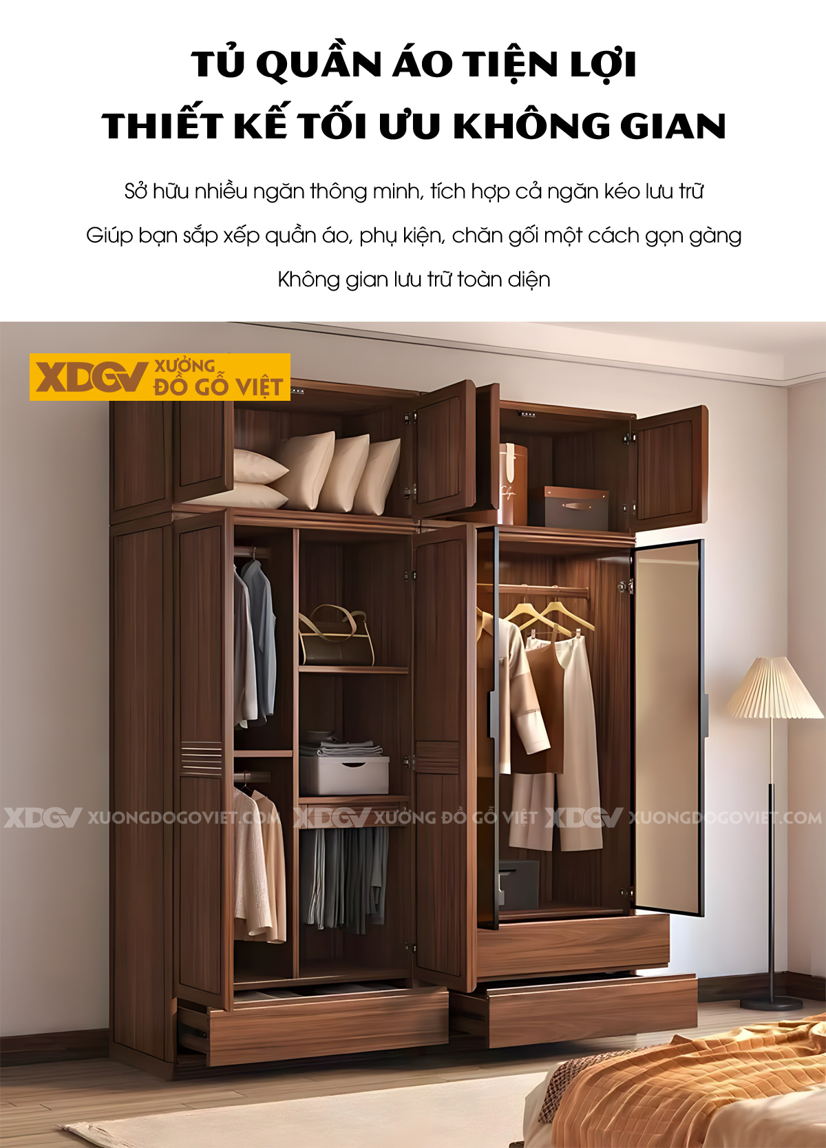 Tủ Quần Áo Gỗ Sồi Thịt Khung Pano Kẻ Rãnh Có Cánh Kính Trong