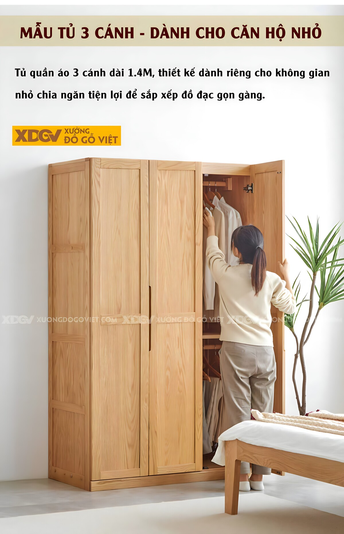 Tủ Quần Áo Gỗ Sồi Tự Nhiên Khung Pano Tay Nắm Âm Nhiều Cánh