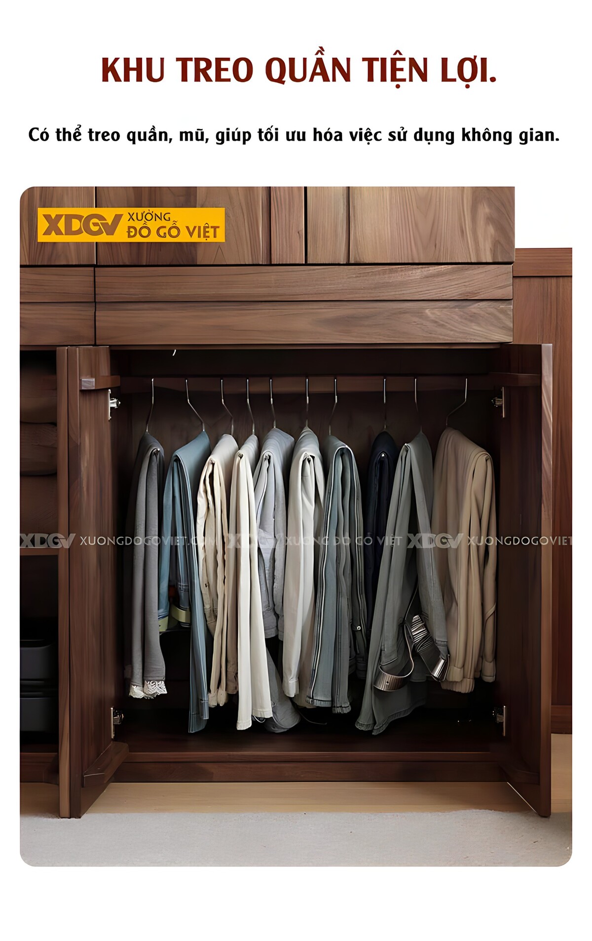 Tủ Quần Áo Gỗ Veneer Óc Chó 6 Cánh Nan Dọc Không Tay Nắm