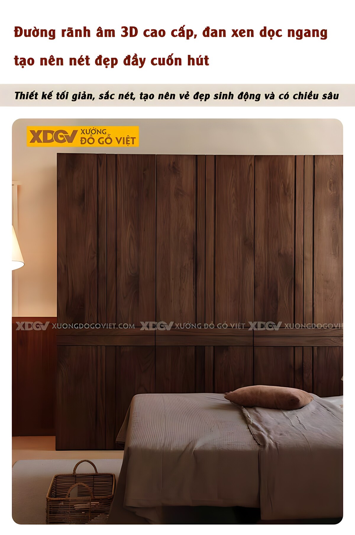 Tủ Quần Áo Gỗ Veneer Óc Chó 6 Cánh Nan Dọc Không Tay Nắm