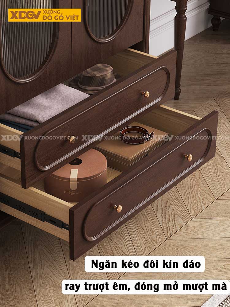 Tủ Quần Áo Gỗ Veneer Óc Chó Cửa Kính Gân Mờ 4 Chân Tiện