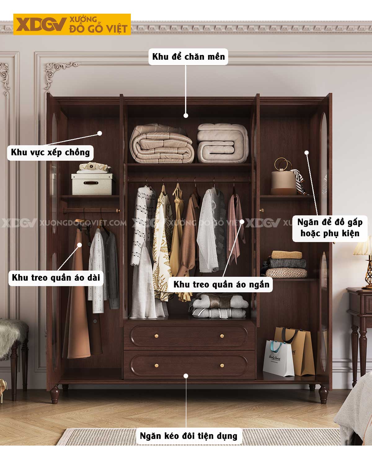 Tủ Quần Áo Gỗ Veneer Óc Chó Cửa Kính Gân Mờ 4 Chân Tiện