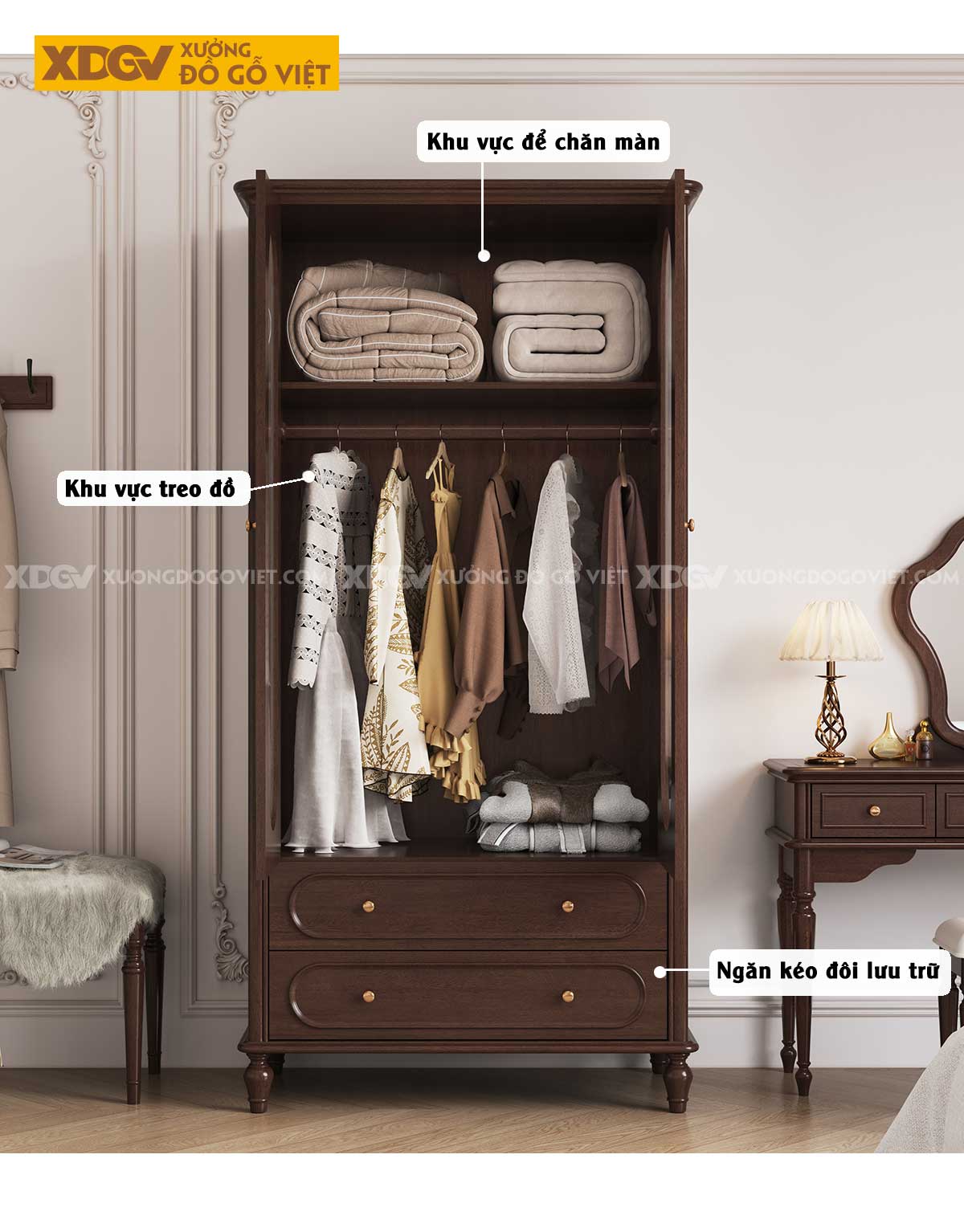 Tủ Quần Áo Gỗ Veneer Óc Chó Cửa Kính Gân Mờ 4 Chân Tiện