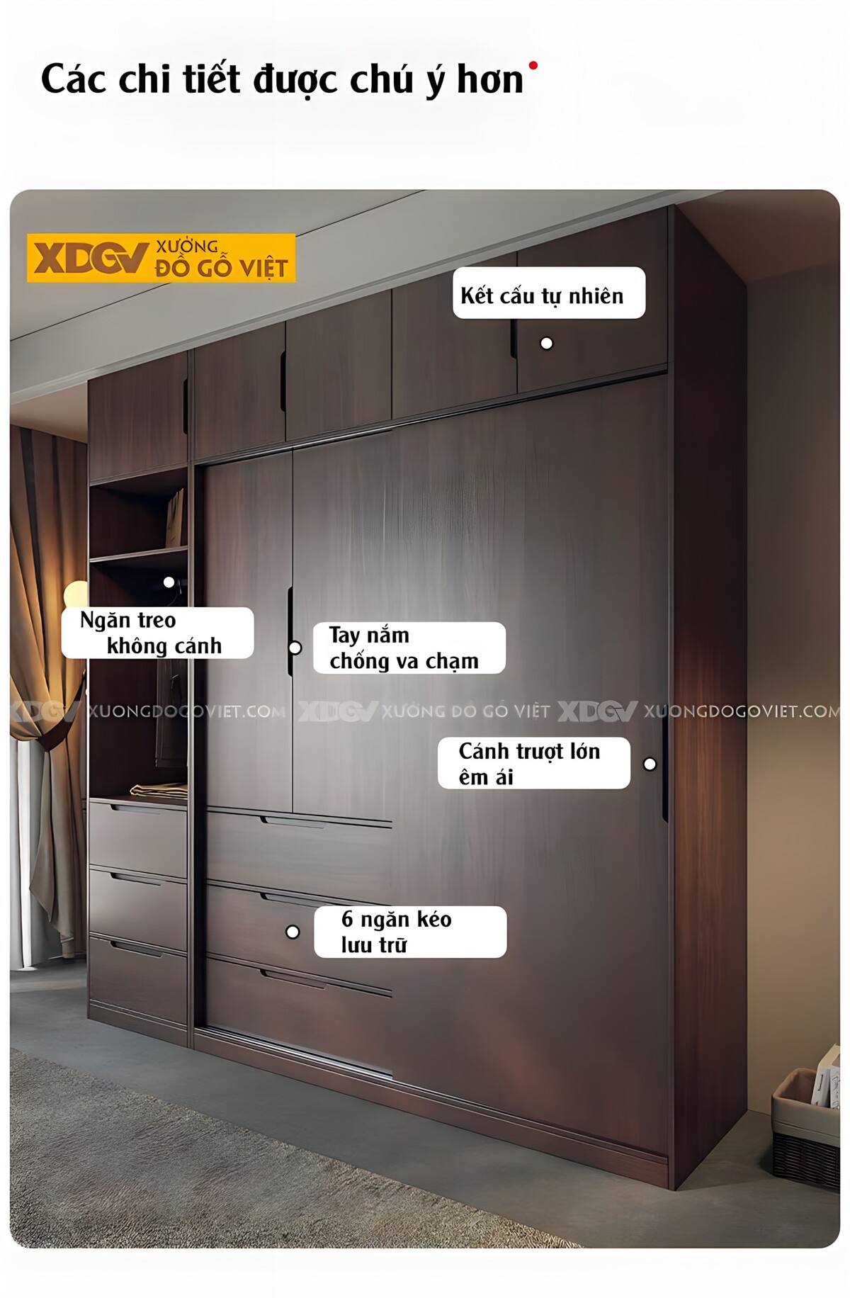 Tủ Quần Áo Gỗ Veneer Óc Chó Hiện Đại Cánh Trượt Tay Âm Mới