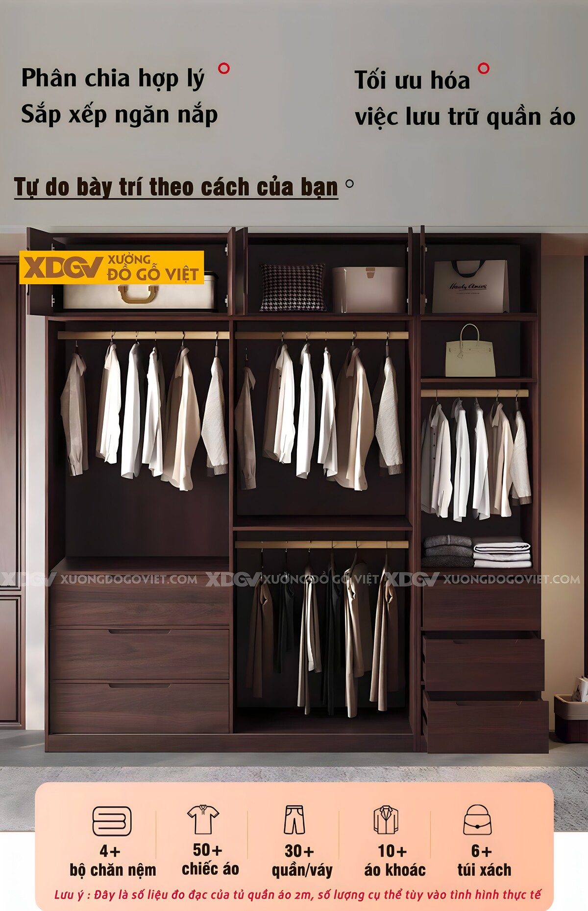 Tủ Quần Áo Gỗ Veneer Óc Chó Hiện Đại Cánh Trượt Tay Âm Mới