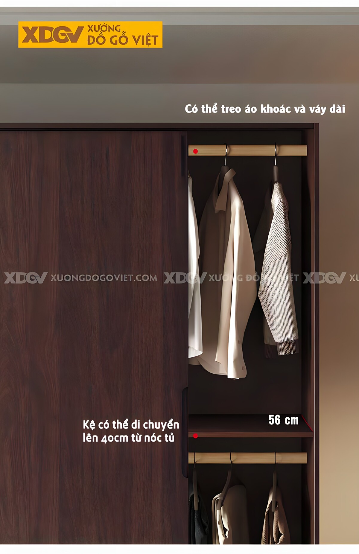 Tủ Quần Áo Gỗ Veneer Óc Chó Hiện Đại Cánh Trượt Tay Âm Mới