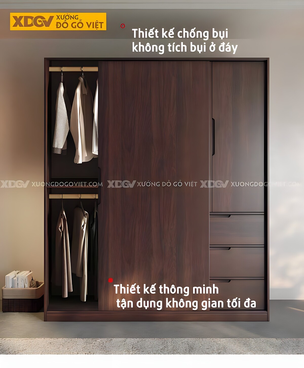 Tủ Quần Áo Gỗ Veneer Óc Chó Hiện Đại Cánh Trượt Tay Âm Mới