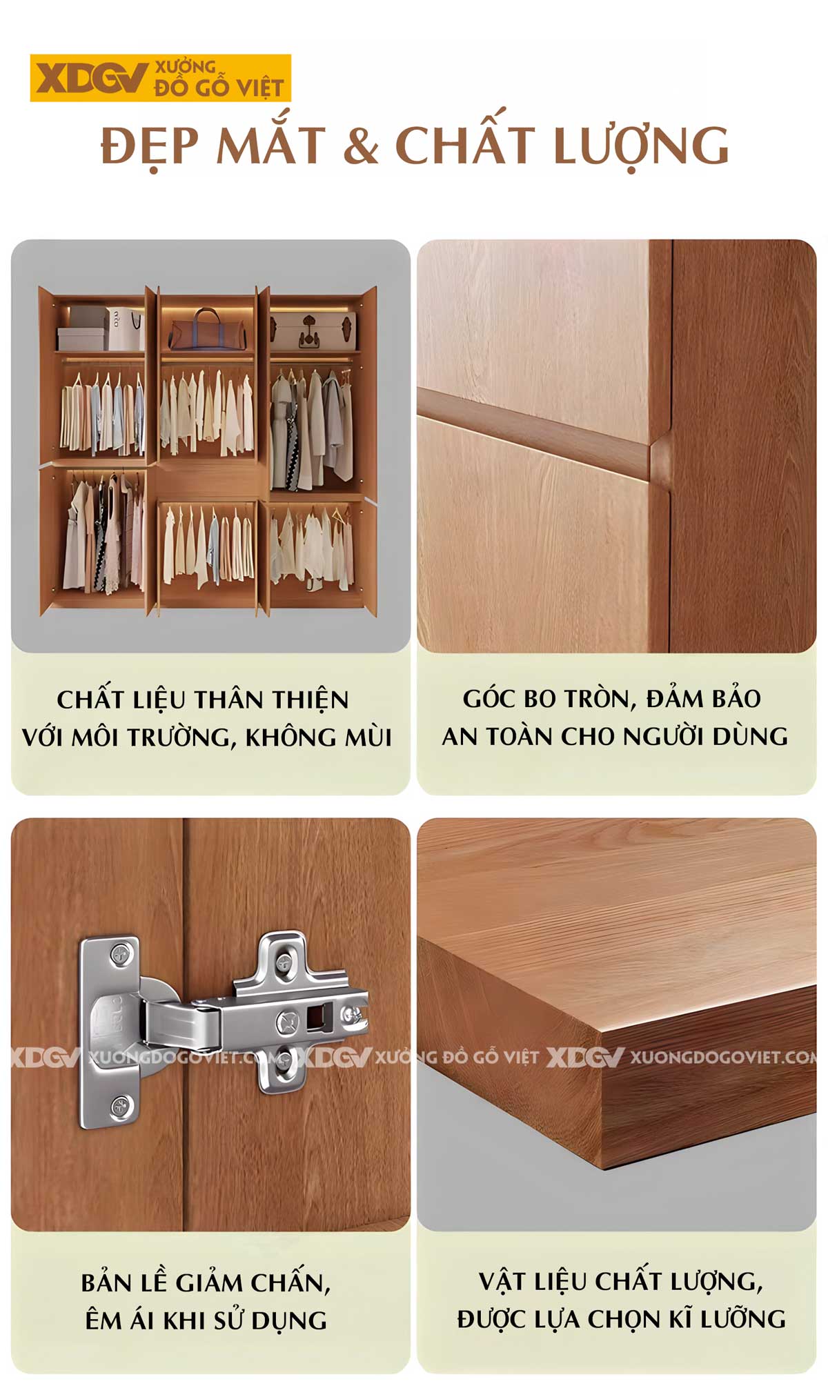 Tủ Quần Áo Gỗ Veneer Sồi 6 Cánh Áp Trần Tích Hợp 3 Ngăn Kéo