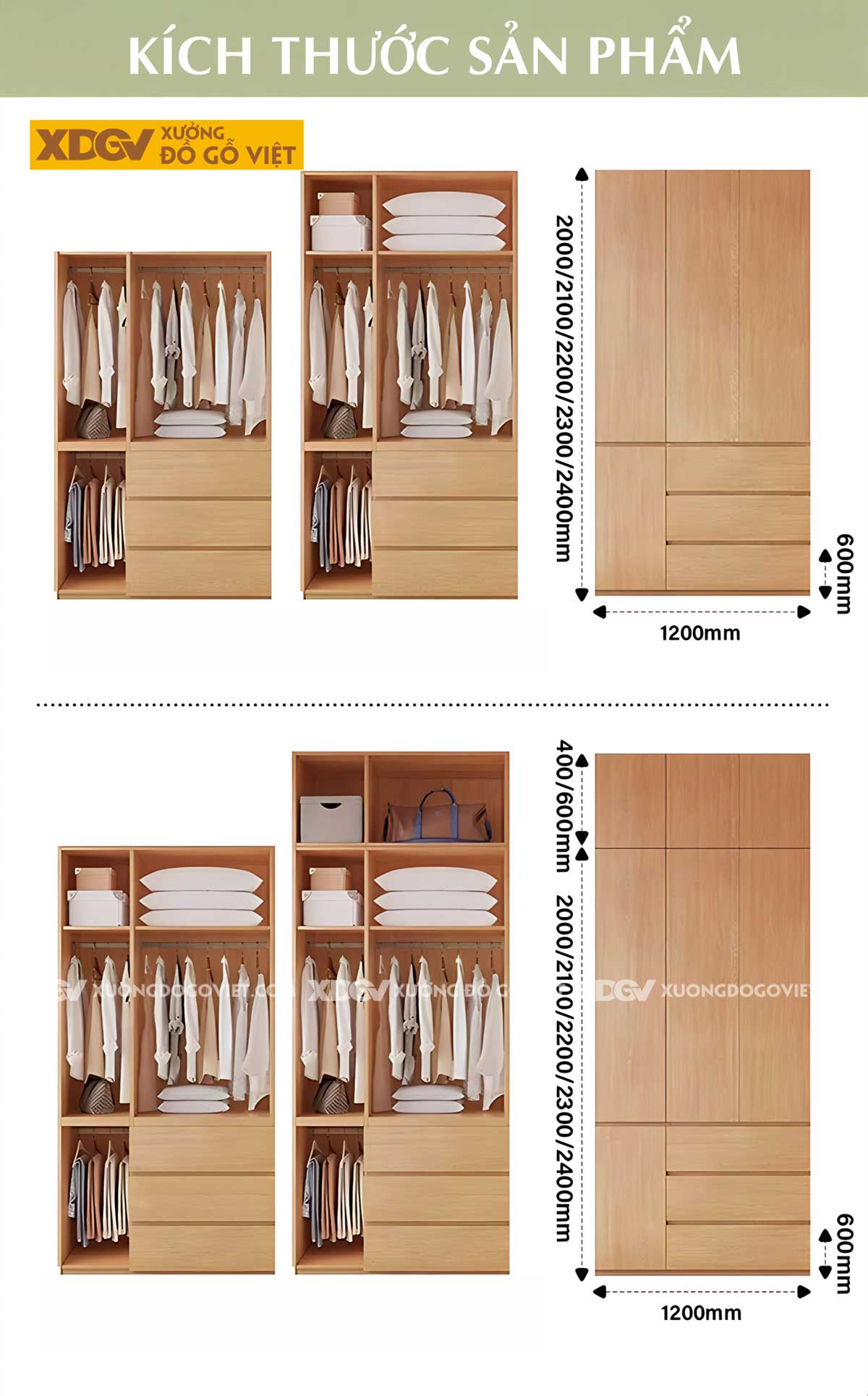 Tủ Quần Áo Gỗ Veneer Sồi 6 Cánh Áp Trần Tích Hợp 3 Ngăn Kéo