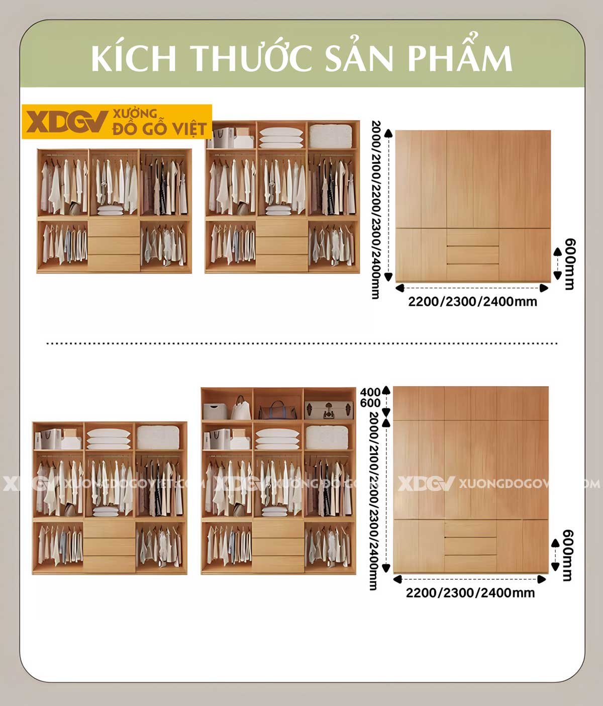 Tủ Quần Áo Gỗ Veneer Sồi 6 Cánh Áp Trần Tích Hợp 3 Ngăn Kéo