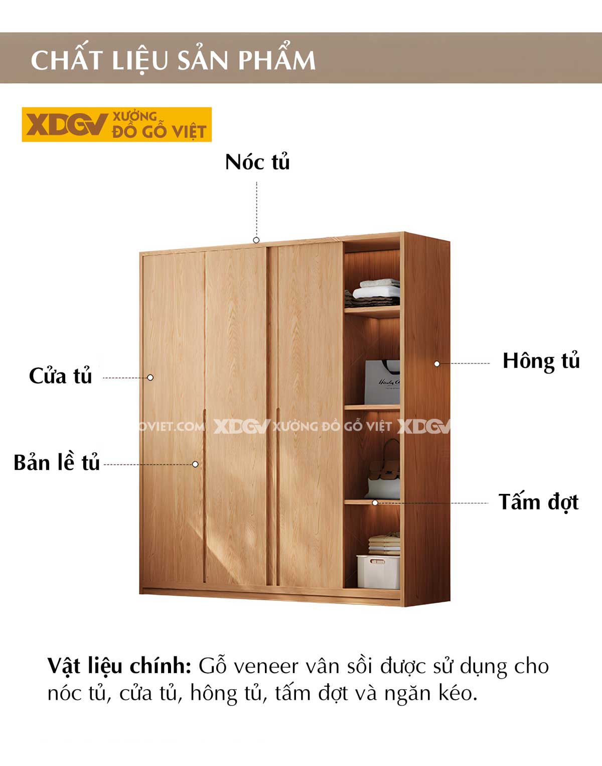 Tủ Quần Áo Gỗ Veneer Sồi Cửa Lùa 4 Buồng Tay Nắm Âm Đẹp