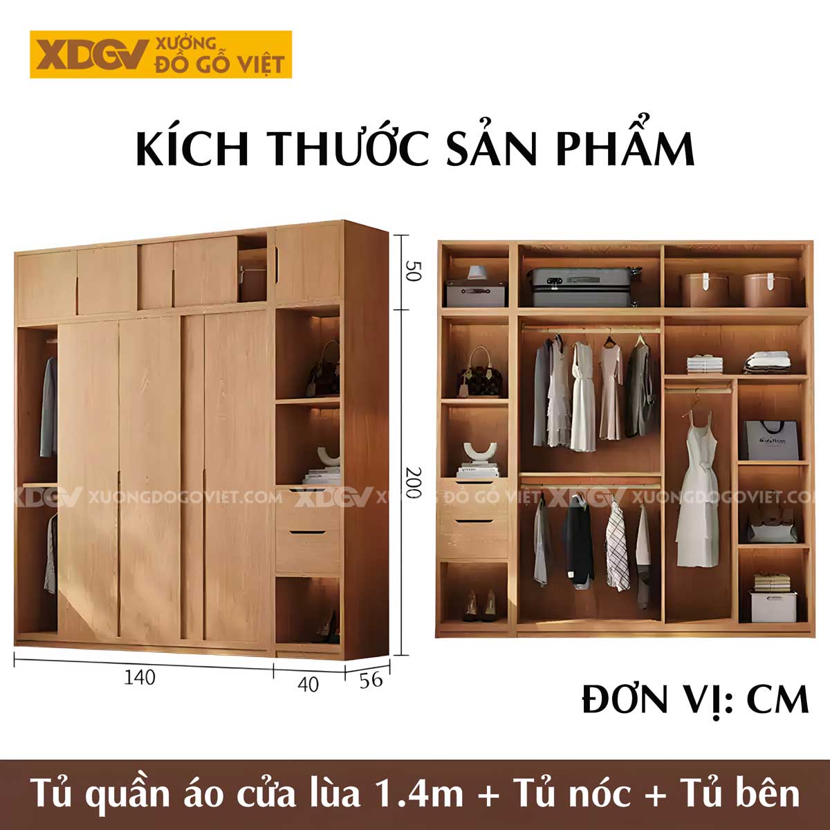 Tủ Quần Áo Gỗ Veneer Sồi Cửa Lùa 4 Buồng Tay Nắm Âm Đẹp