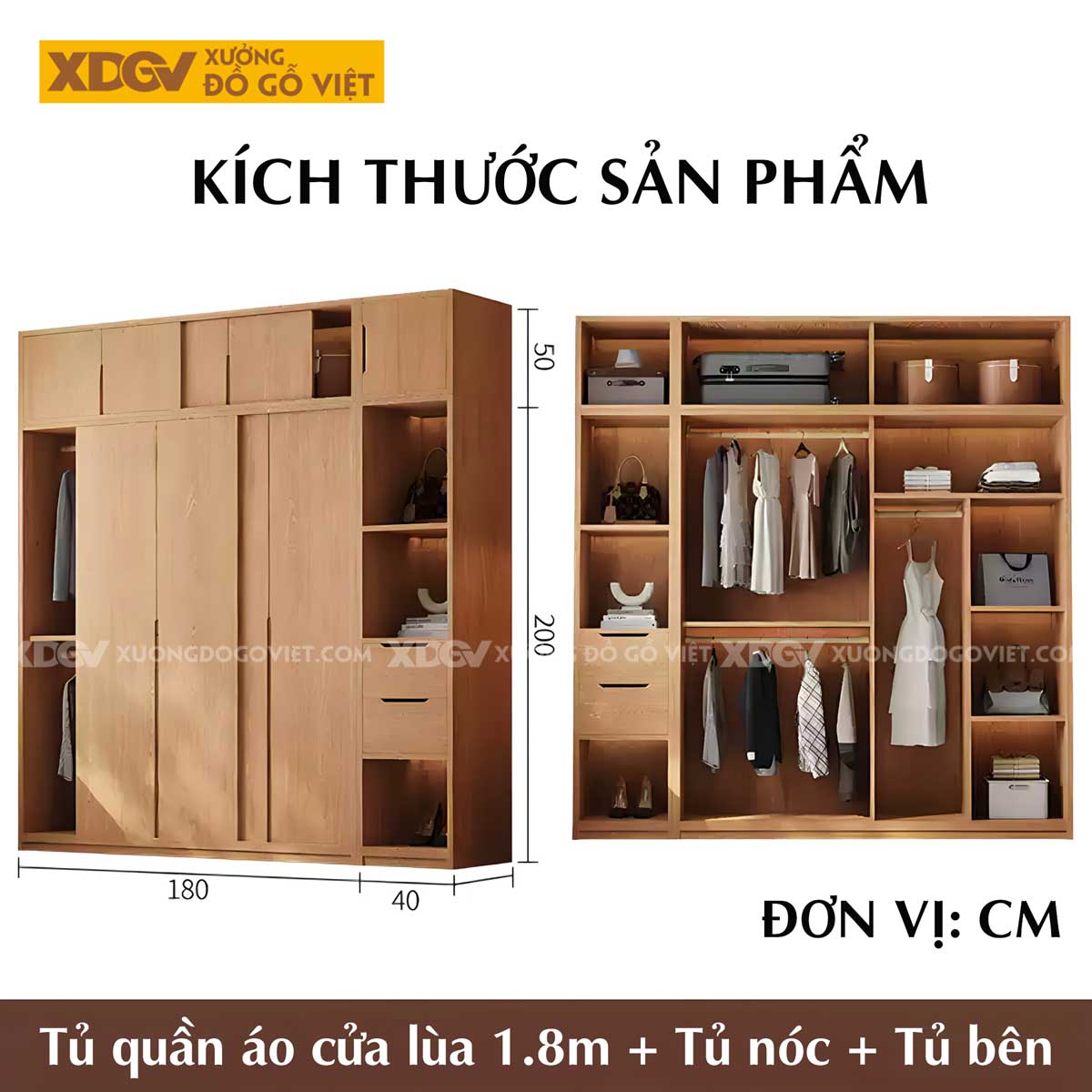 Tủ Quần Áo Gỗ Veneer Sồi Cửa Lùa 4 Buồng Tay Nắm Âm Đẹp