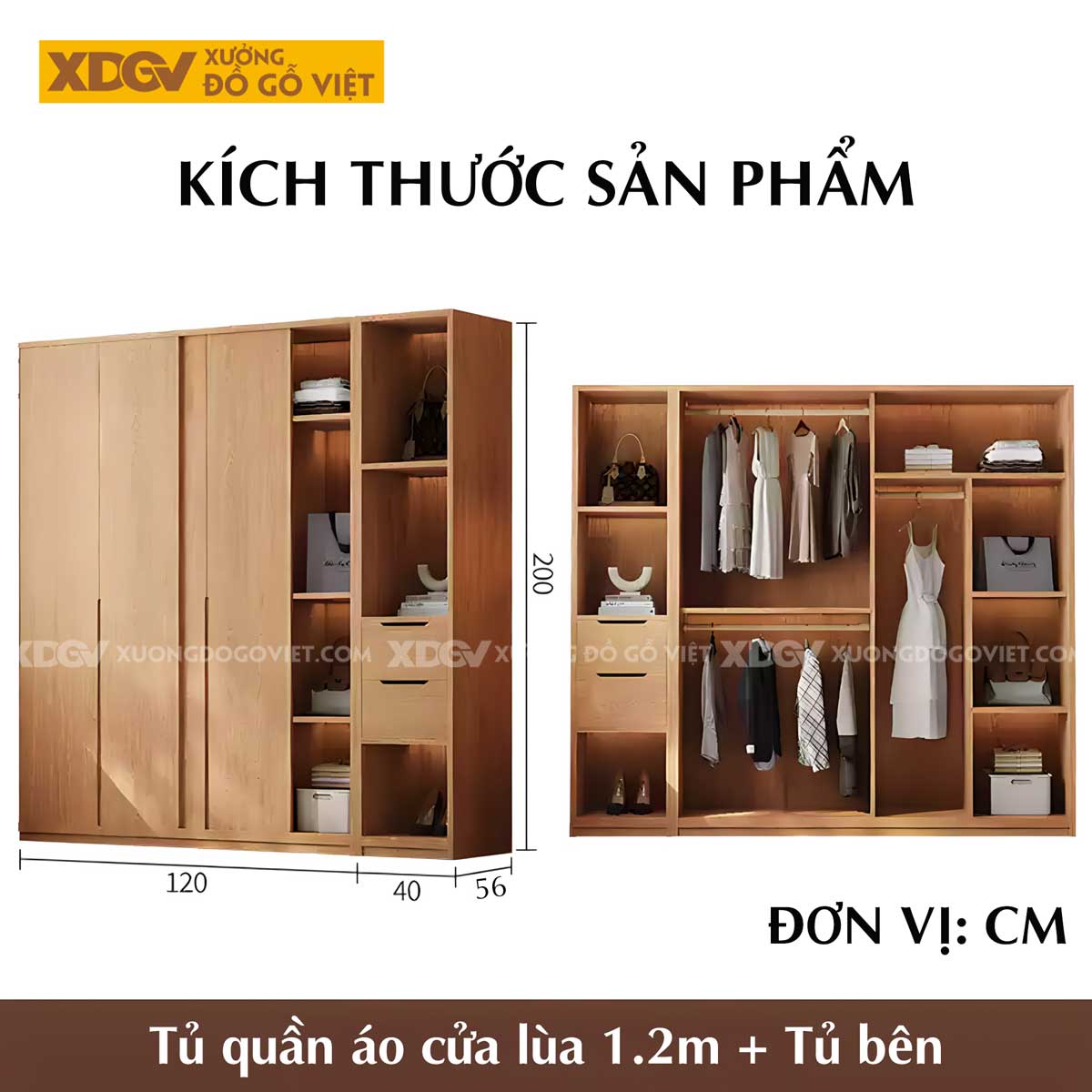 Tủ Quần Áo Gỗ Veneer Sồi Cửa Lùa 4 Buồng Tay Nắm Âm Đẹp